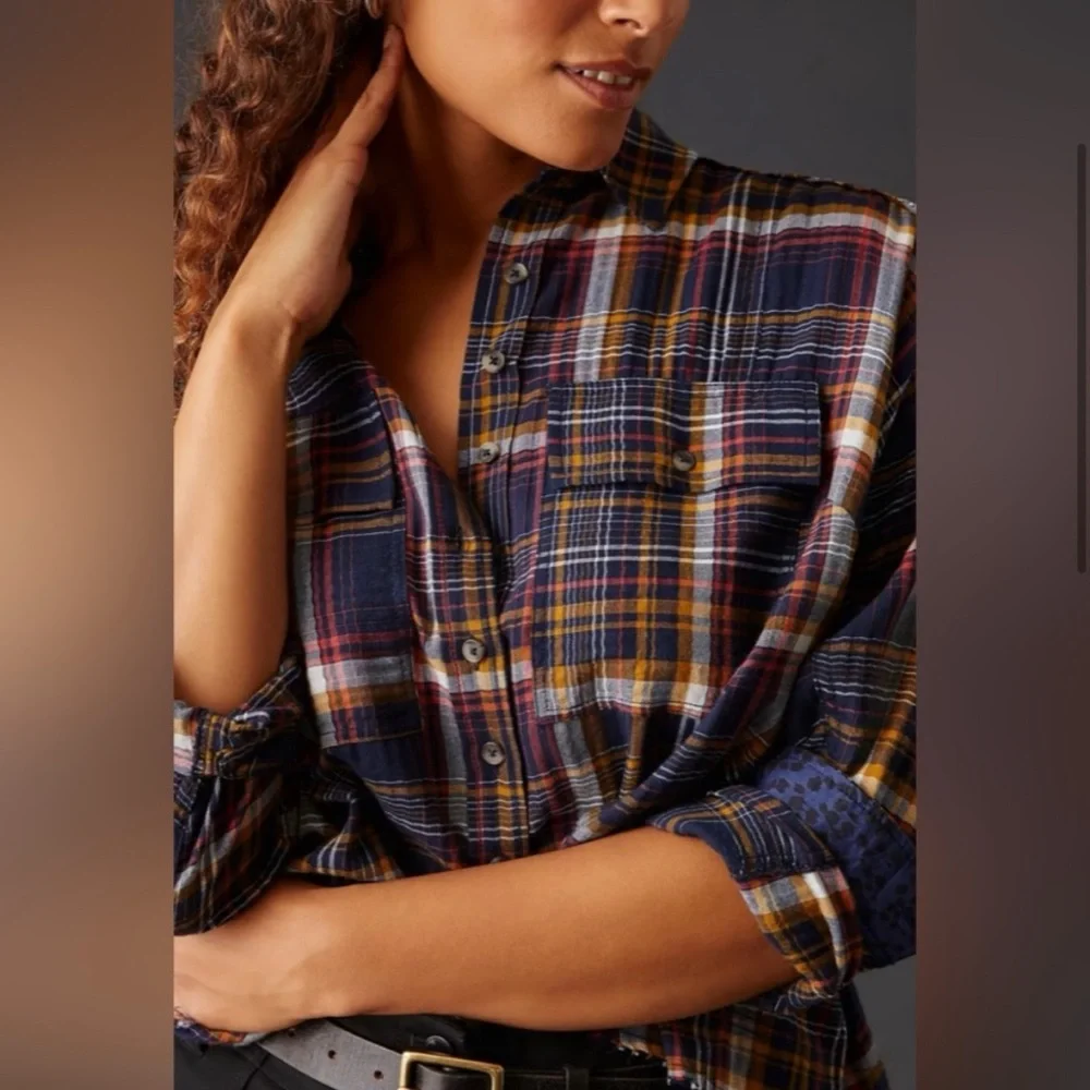 Anthropologie Pilcro Cropped Plaid Button-Down Shirt Top Blue Small Oversized - Picture 3 of 16